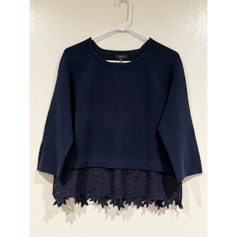 J.Crew Navy Blue Cotton Knit Lace Hem Sweater 3/4 Sleeve Boxy Top RN77388 Small - Picture 2 of 6